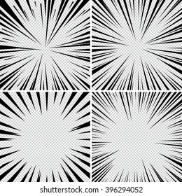 Comic book explosion set superhero pop art style black and white radial lines background. 