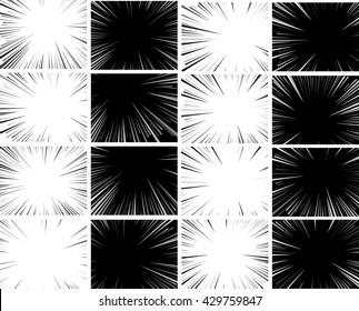 Comic book explosion set superhero pop art style black and white radial lines background. Manga or anime speed frame.