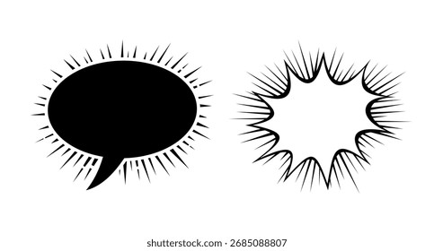 Comic book explosion sound effect speech bubbles set, dynamic black and white elements.