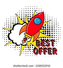 Comic book explosion with text Best offer, vector illustration. Best offer in comic pop art style. Comic advertising concept with Special offer wording. Modern Web Banner Element