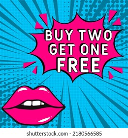 Comic book explosion with text Buy two get one free, vector illustration. Buy two get one free in comic pop art style. Comic advertising concept with Buy two get one free. Modern Web Banner Element