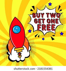 Comic book explosion with text Buy two get one free, vector illustration. Buy two get one free in comic pop art style. Comic advertising concept with Buy two get one free. Modern Web Banner Element