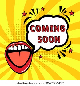 Comic book explosion with text Coming soon, vector illustration. Coming soon in comic pop art style. Comic advertising concept with Coming soon wording. Modern Web Banner Element