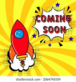 Comic book explosion with text Coming soon, vector illustration. Coming soon in comic pop art style. Comic advertising concept with Coming soon wording. Modern Web Banner Element