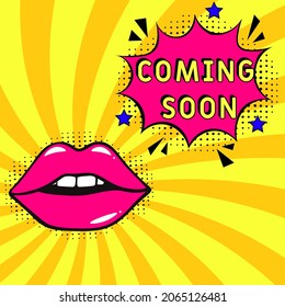 Comic book explosion with text Coming soon, vector illustration. Coming soon in comic pop art style. Comic advertising concept with Coming soon wording. Modern Web Banner Element