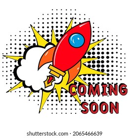 Comic book explosion with text Coming soon, vector illustration. Coming soon in comic pop art style. Comic advertising concept with Coming soon wording. Modern Web Banner Element