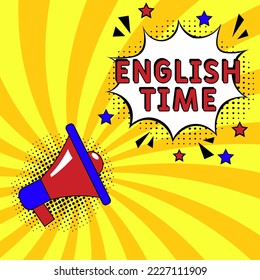Comic book explosion with text English Time, vector illustration.  Vector bright cartoon illustration in retro pop art style. Study English phrase in pop art style. Creative poster, web banner