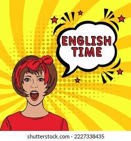 Comic Buch Explosion mit Text Englisch Zeit, Vektorgrafik.  Vektorhelle Cartoon-Illustration im Retro-Pop-Art-Stil. Lerne die englische Phrase im Pop-Art-Stil. Kreatives Poster, Webbanner