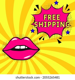 Comic book explosion with text Free shipping, vector illustration. Free shipping in comic pop art style. Comic advertising concept with Free shipping wording. Modern Web Banner Element