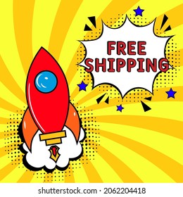 Comic book explosion with text Free shipping, vector illustration. Free shipping in comic pop art style. Comic advertising concept with Free shipping wording. Modern Web Banner Element
