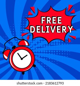 Comic book explosion with text Free delivery, vector illustration. Free delivery in comic pop art style. Comic advertising concept with Free delivery. Modern Web Banner Element