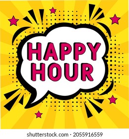 Comic book explosion with text Happy Hour, vector illustration. Happy Hour in comic pop art style. Comic advertising concept with Happy Hour wording. Modern Web Banner Element