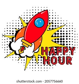 Comic book explosion with text Happy Hour, vector illustration. Happy Hour in comic pop art style. Comic advertising concept with Happy Hour wording. Modern Web Banner Element