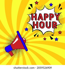 Comic book explosion with text Happy Hour, vector illustration. Happy Hour in comic pop art style. Comic advertising concept with Happy Hour wording. Modern Web Banner Element