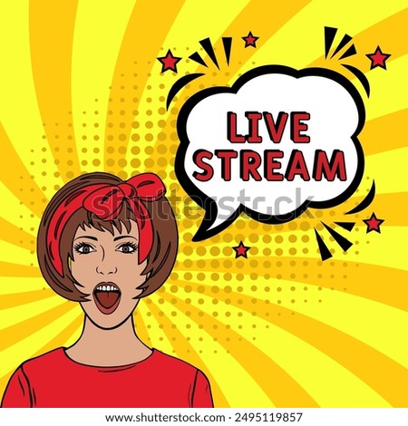 Comic book explosion with text live stream, vector illustration. Vector bright cartoon illustration in retro pop art style. upcoming events in pop art style.live stream. Creative poster, web