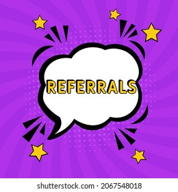 Comic Book Explosion With Text Referrals. Referrals In Comic Pop Art Style. Comic Advertising Concept With Special Offer Wording. Modern Web Banner Element