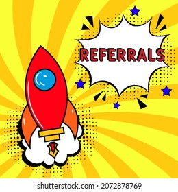 Comic Book Explosion With Text Referrals. Referrals In Comic Pop Art Style. Comic Advertising Concept With Special Offer Wording. Modern Web Banner Element