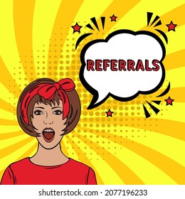 Comic Book Explosion With Text Referrals. Referrals In Comic Pop Art Style. Comic Advertising Concept With Special Offer Wording. Modern Web Banner Element