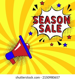 Explosión de historietas con texto Venta de temporada, ilustración vectorial. Venta de temporada al estilo de arte pop cómico. Concepto de publicidad cómica con la formulación de oferta especial. Elemento de Banner Web moderno