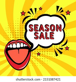 Comic book explosion with text Season sale, vector illustration. Season sale in comic pop art style. Comic advertising concept with Special offer wording. Modern Web Banner Element