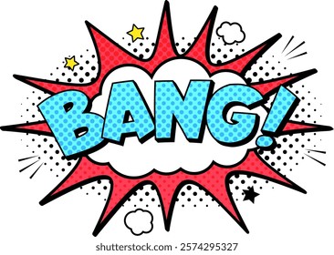 Comic book explosion with the word bang making a sudden loud noise with a burst of smoke and halftone dots, suitable for comics, cartoons and graphic novels