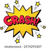 Comic book explosion with the word crash exploding from a yellow star shape with red letters and yellow stars surrounding it on a white background