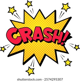 Comic book explosion with the word crash exploding from a yellow star shape with red letters and yellow stars surrounding it on a white background