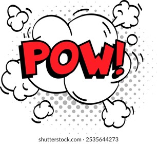 Comic book explosion with the word pow. in red and white cartoon smoke clouds against a gray halftone dotted background conveying a sense of impact and action