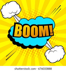 Comic book explosive background with Boom word, turquoise speech bubble, white clouds, sound, radial and halftone effects in pop art style. Vector illustration