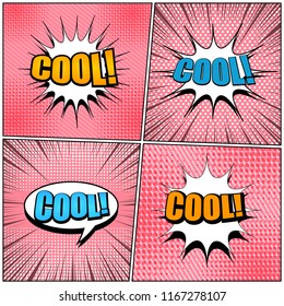 Comic book explosive pink background with blue and orange Cool inscriptions radial rays striped and halftone effects. Vector illustration