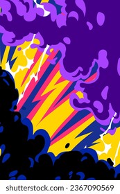 Historieta fantásticas llamas de fuego, antecedentes de humo. Boom lightning golpea la página de plantillas de diseño. Ilustración de arte vectorial dibujada a mano. 