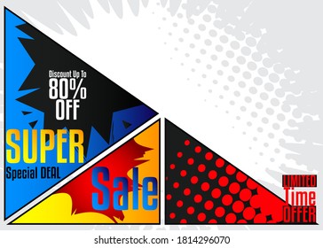 Comic book fashion sale social media post design. Cartoon colored poster template. Vector comics premium backdrop illustration.