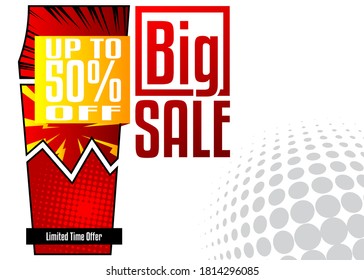 Comic book fashion sale social media post design. Cartoon colored poster template. Vector comics premium backdrop illustration.