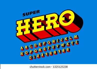 Comic book font design, superhero inspired alphabet, letters and numbers vector illustration