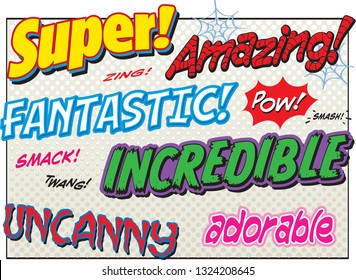 Comic book font power words super fantastic amazing incredible