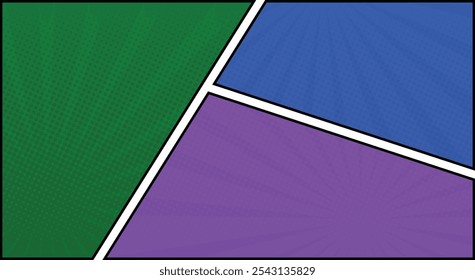 quadro de quadrinhos painel fundo colorido com raios espirais e pontos de meio-tom