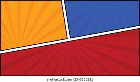 quadro de quadrinhos painel fundo colorido com raios espirais e pontos de meio-tom