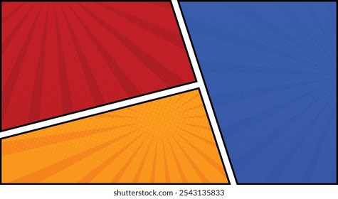 Fondo colorido del panel del marco del cómic con los rayos espirales y los puntos del medio tono