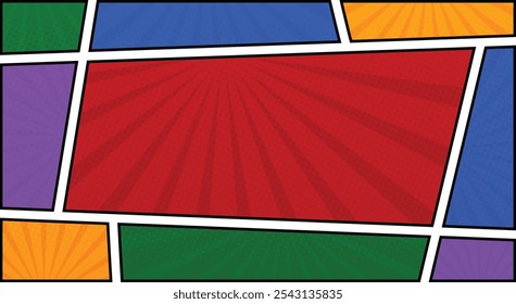 quadro de quadrinhos painel fundo colorido com raios espirais e pontos de meio-tom