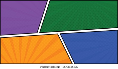 quadro de quadrinhos painel fundo colorido com raios espirais e pontos de meio-tom