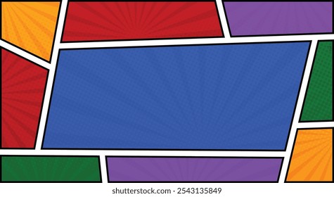 quadro de quadrinhos painel fundo colorido com raios espirais e pontos de meio-tom