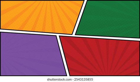quadro de quadrinhos painel fundo colorido com raios espirais e pontos de meio-tom