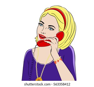 Comic book girl calling the red phone. Pop art blonde woman