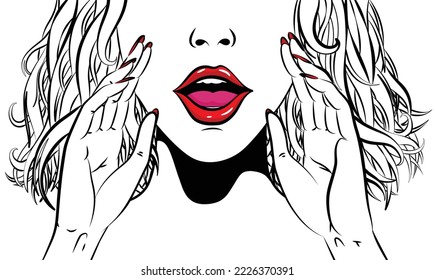 Comic book girl in coloring style. Pop art female face with open mouth. Young woman with speech bubble. Vector illustration in pop art retro style. Party invitation poster