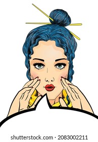 Comic book girl in pop art style. Emotional pretty woman trying to tell or announcing secret message. Beautiful lady keeping hand near her mouth