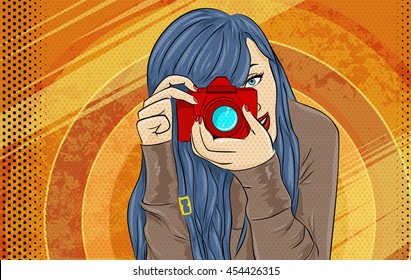 Comic Book Girl Pop Art illustration. Photographer or Videographer Vintage Advertising Poster. Fashion Woman with Photo Camera