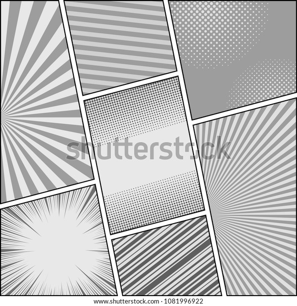 Comic book gray background with radial\
slanted lines rays and halftone humor effects in monochrome style.\
Vector illustration