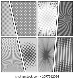 Comic book gray concept with radial dotted halftone slanted lines and rays effects in monochrome style. Vector illustration