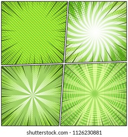 Comic book green abstract backgrounds with dotted rays circles slanted lines radial halftone humor effects. Vector illustration