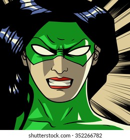 Comic book green stylized superhero. Pop art outline square background. Cry face. Action and power. Print vector illustration. Strong, character.